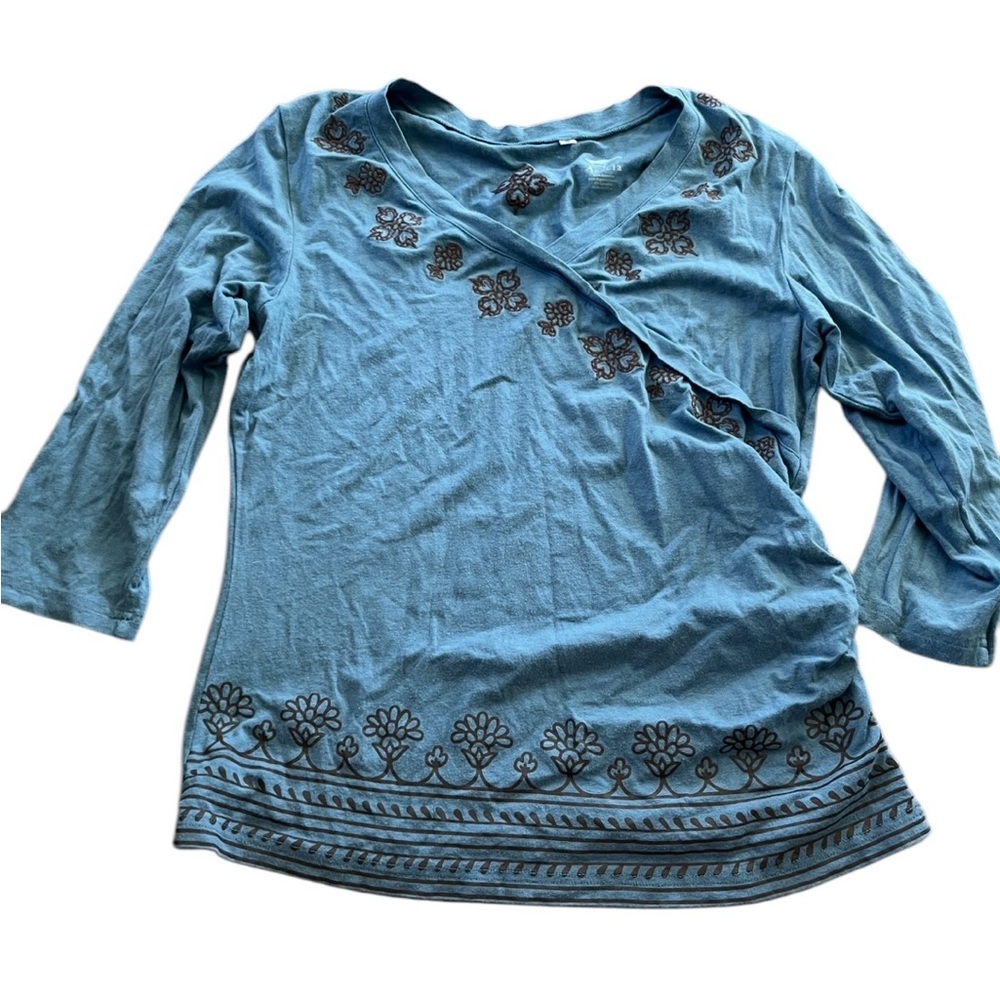 Acacia Womens Bamboo Blue Brown Embroidered Top 3/4 Sleeves Size Small V-Neck